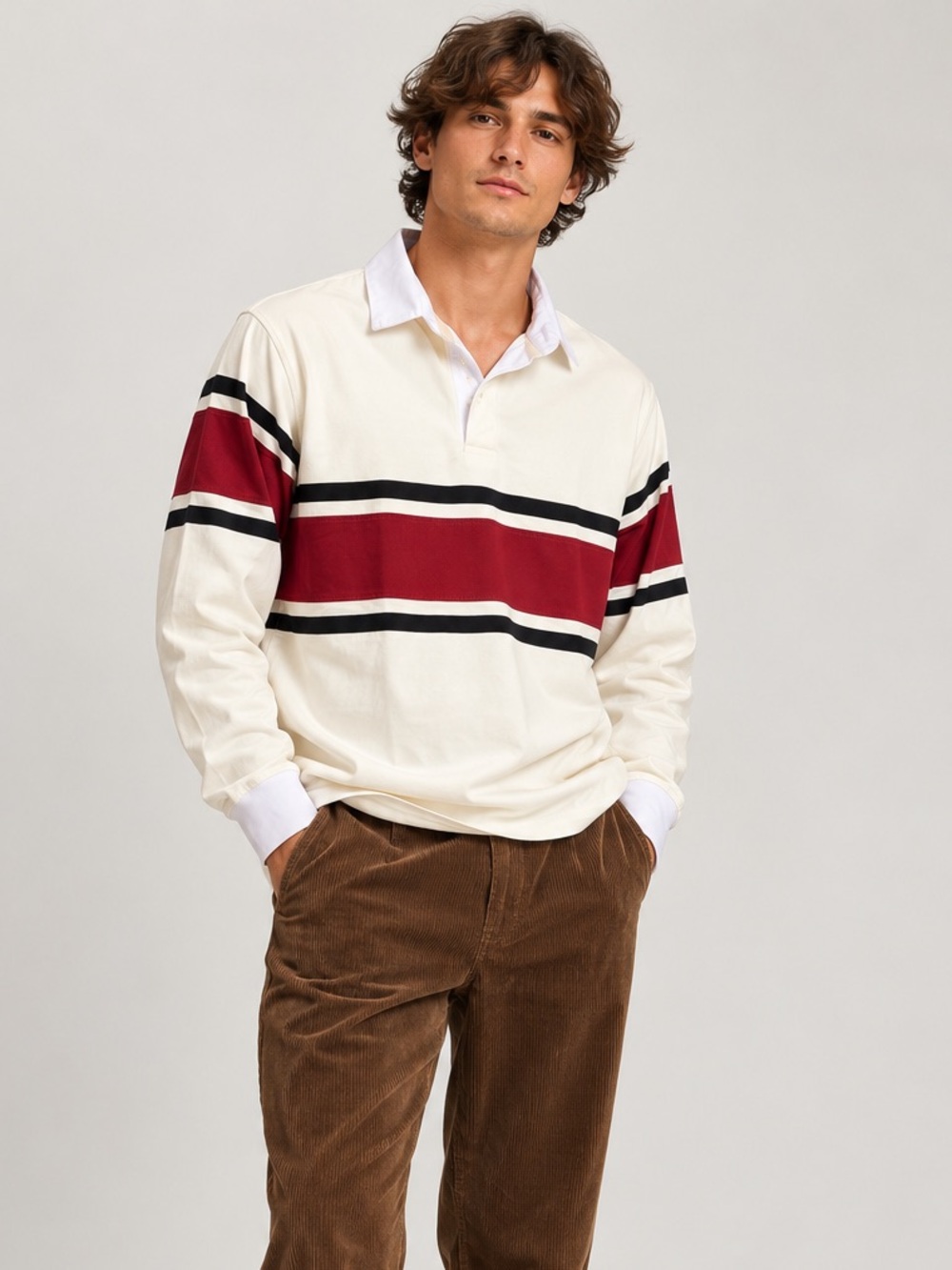 Clifton Rugby Shirt Burgundy Cream Striped Preppy Collegiate M-XL